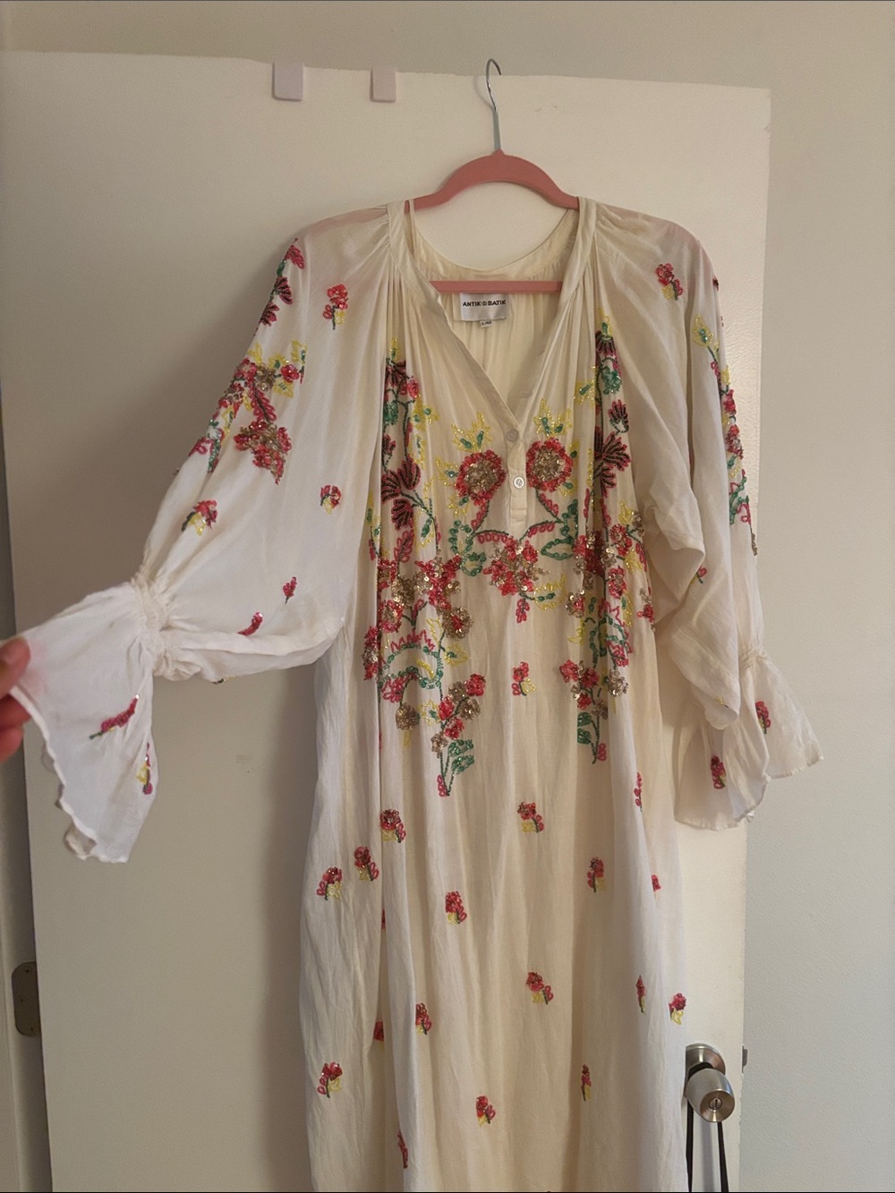Antik Batik Ivory Midi Dress with Floral Sequin and Bead Embroidery L - Picture 4 of 11